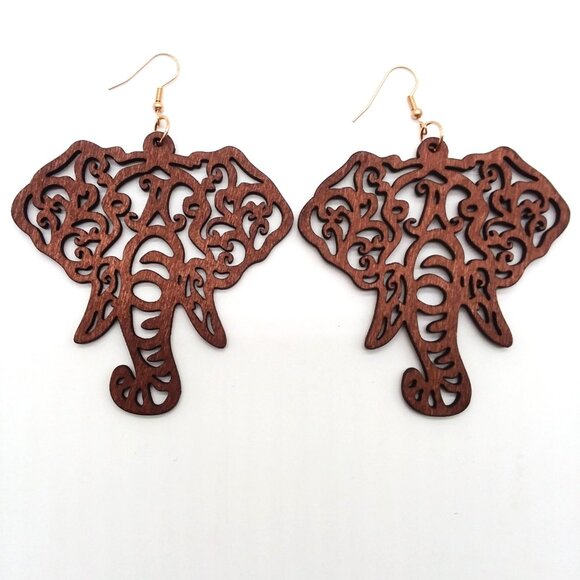 Elephant Earrings Cut Wood Bohemian Large Hollow Dangle Boho Carved Hippie Trend - Picture 2 of 3